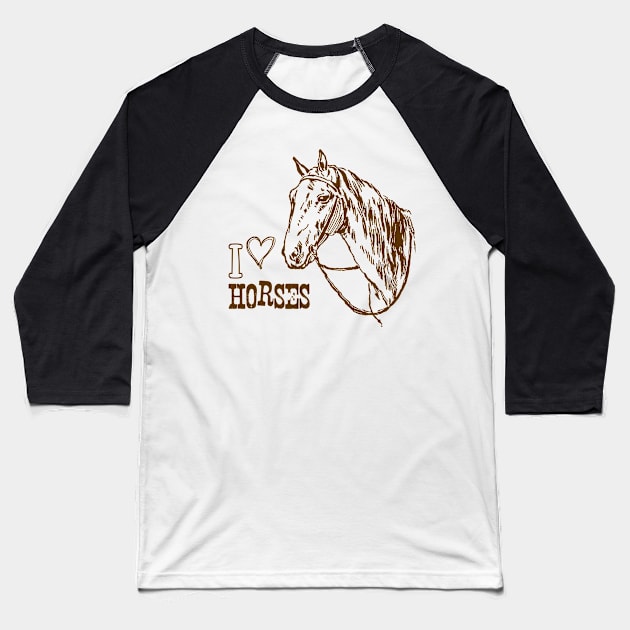 I Love Horses, Monochrome Horse Illustration with Text Baseball T-Shirt by Biophilia